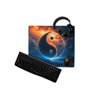 Epic yin yang cosmic night blue orange glow gaming mouse pad