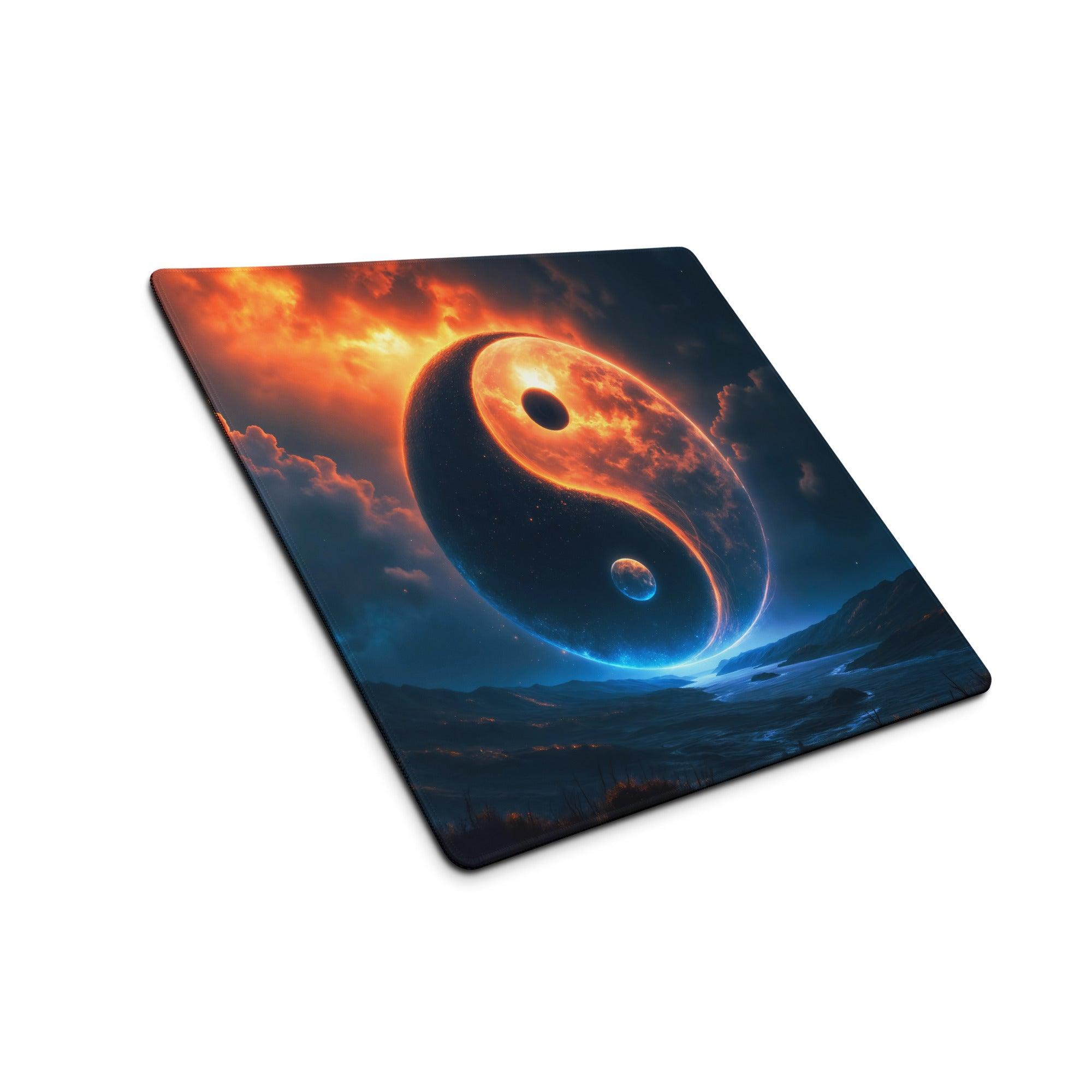 Epic yin yang cosmic night blue orange glow gaming mouse pad