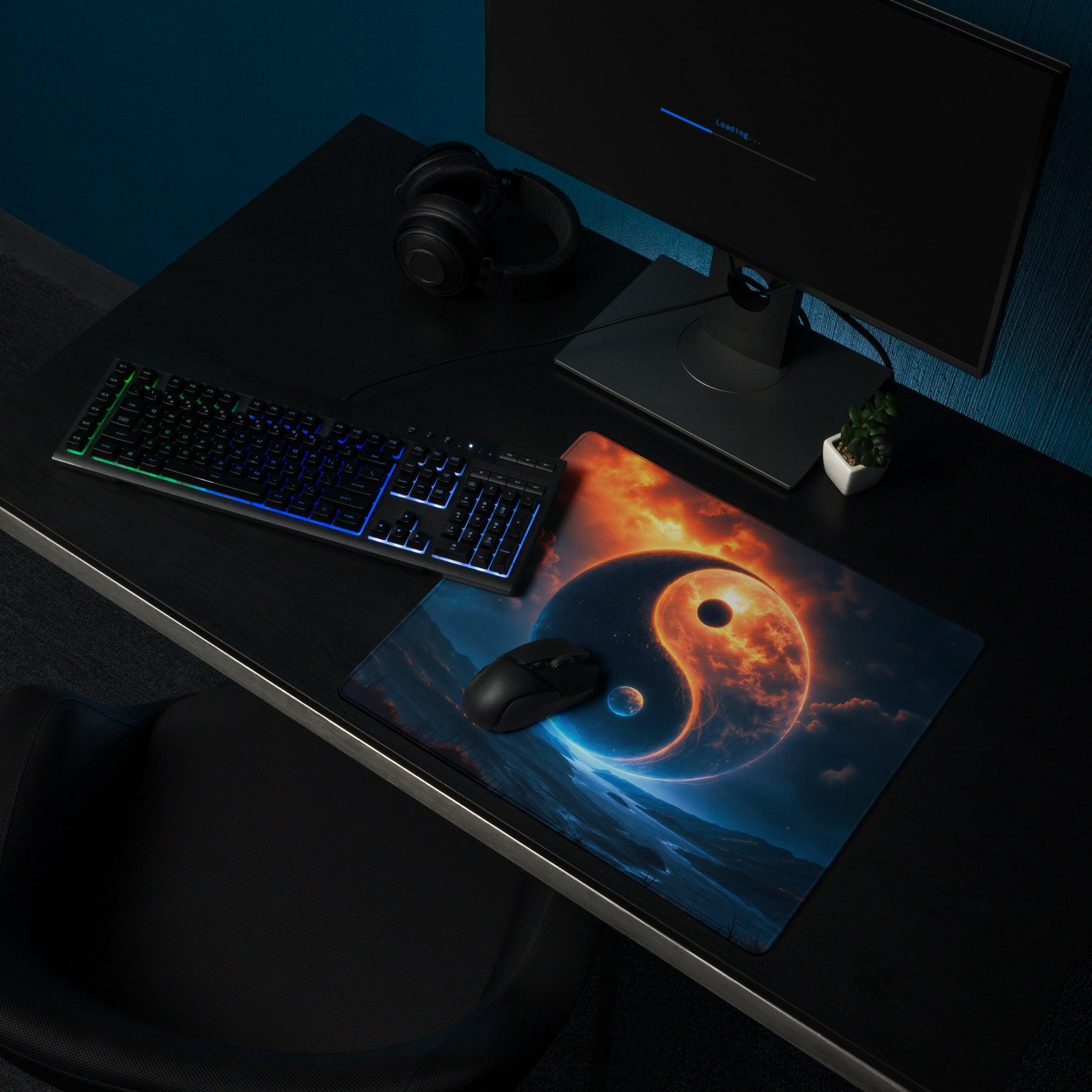 Epic Yin Yang cosmic night blue orange glow large gaming mouse pad