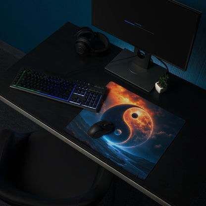 Epic Yin Yang cosmic night blue orange glow large gaming mouse pad