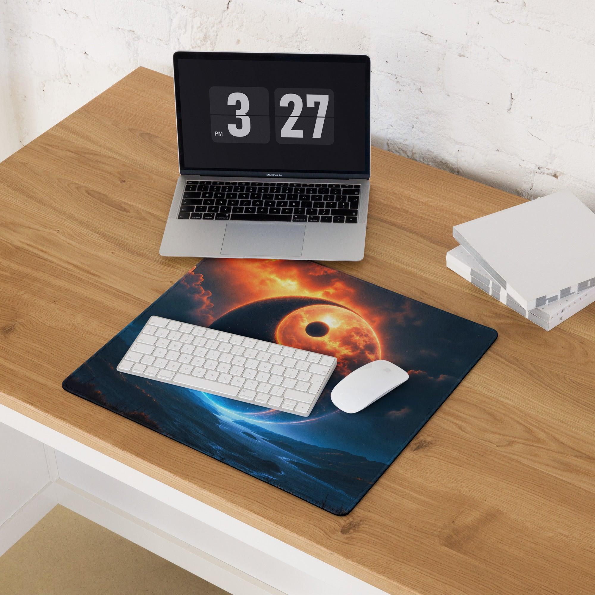Epic yin yang cosmic night blue orange glow gaming mouse pad