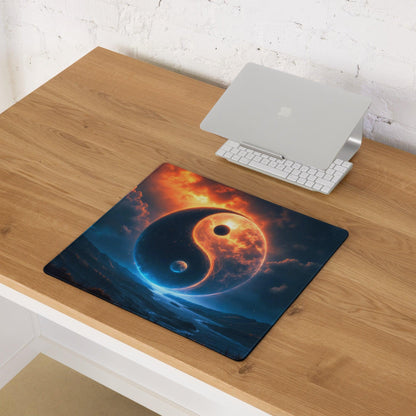 Epic yin yang cosmic night blue orange glow gaming mouse pad