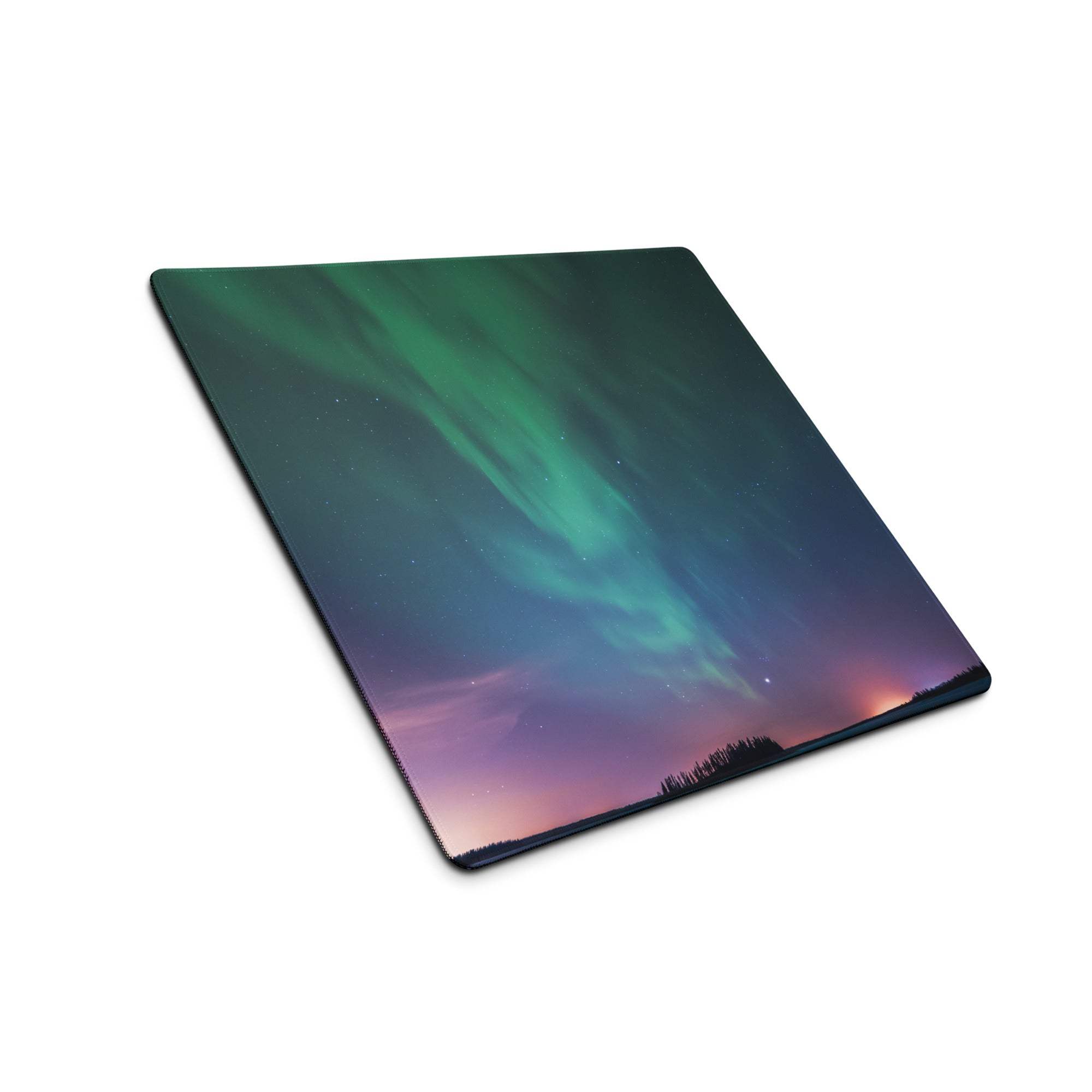 Aurora borealis gaming mouse pad with non-slip base and stitched edges