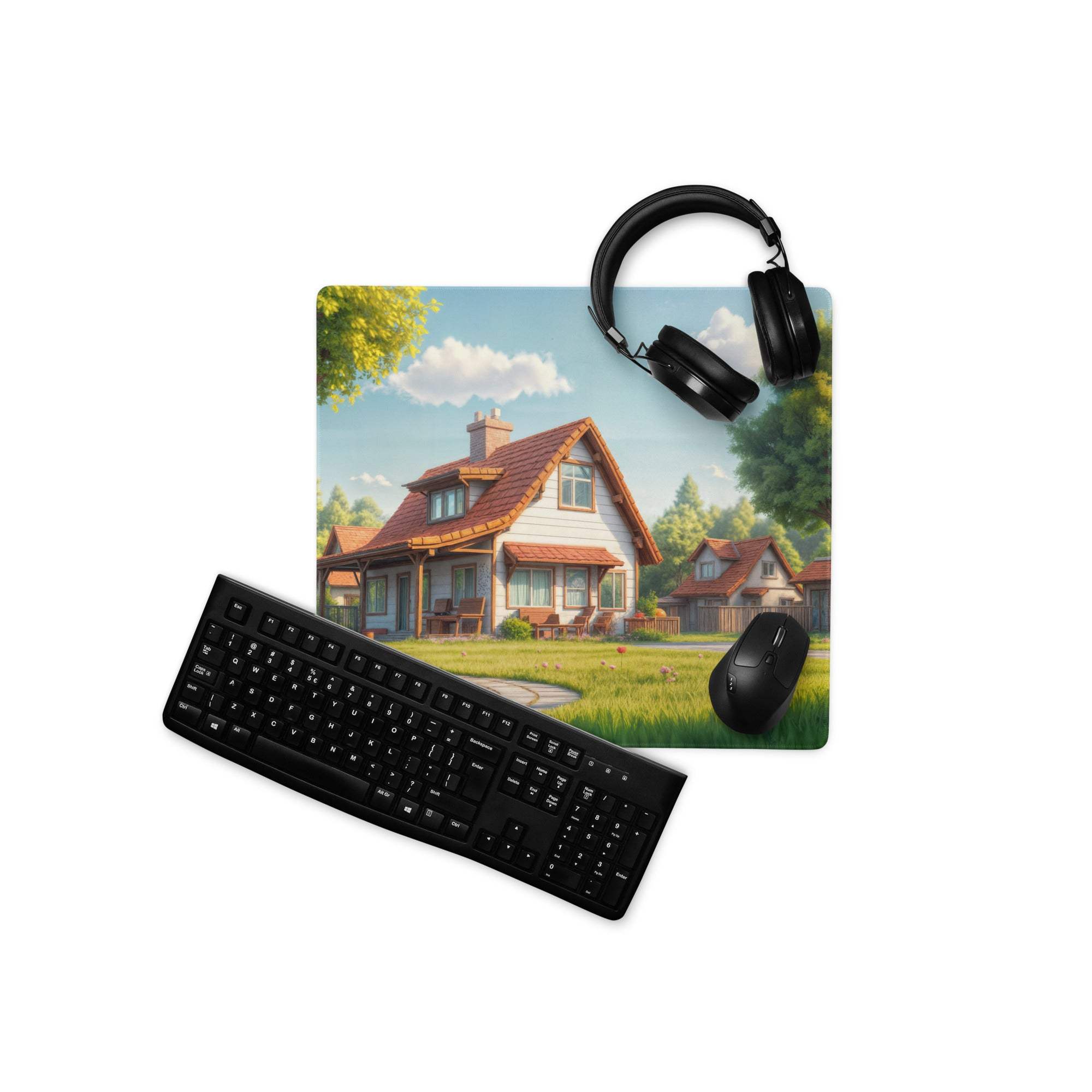 Black keyboard and mouse on pastoral village cottage gaming mousepad