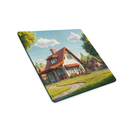 Square pastoral village cottage gaming mouse pad with red roof and cozy mood