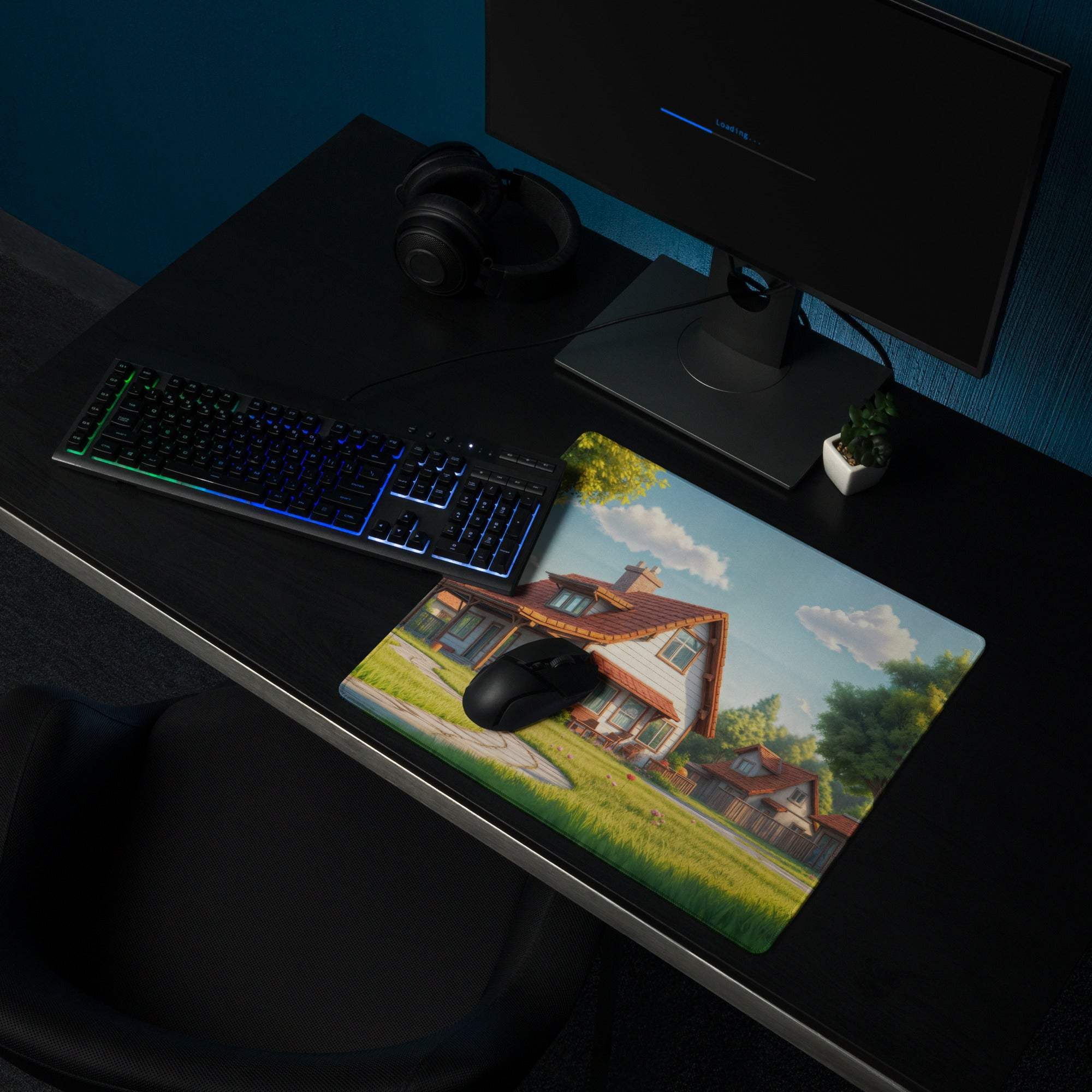 Pastoral Village Landscape gaming mouse pad with cozy house under blue sky