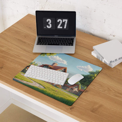 Pastoral village gaming mouse pad with cozy rustic countryside scene