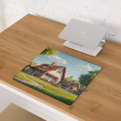 Pastoral village gaming mouse pad with cozy two-story house illustration