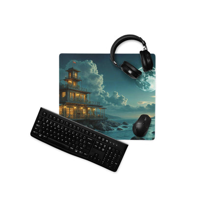 Black gaming mousepad with moonlit lighthouse on rocky shores