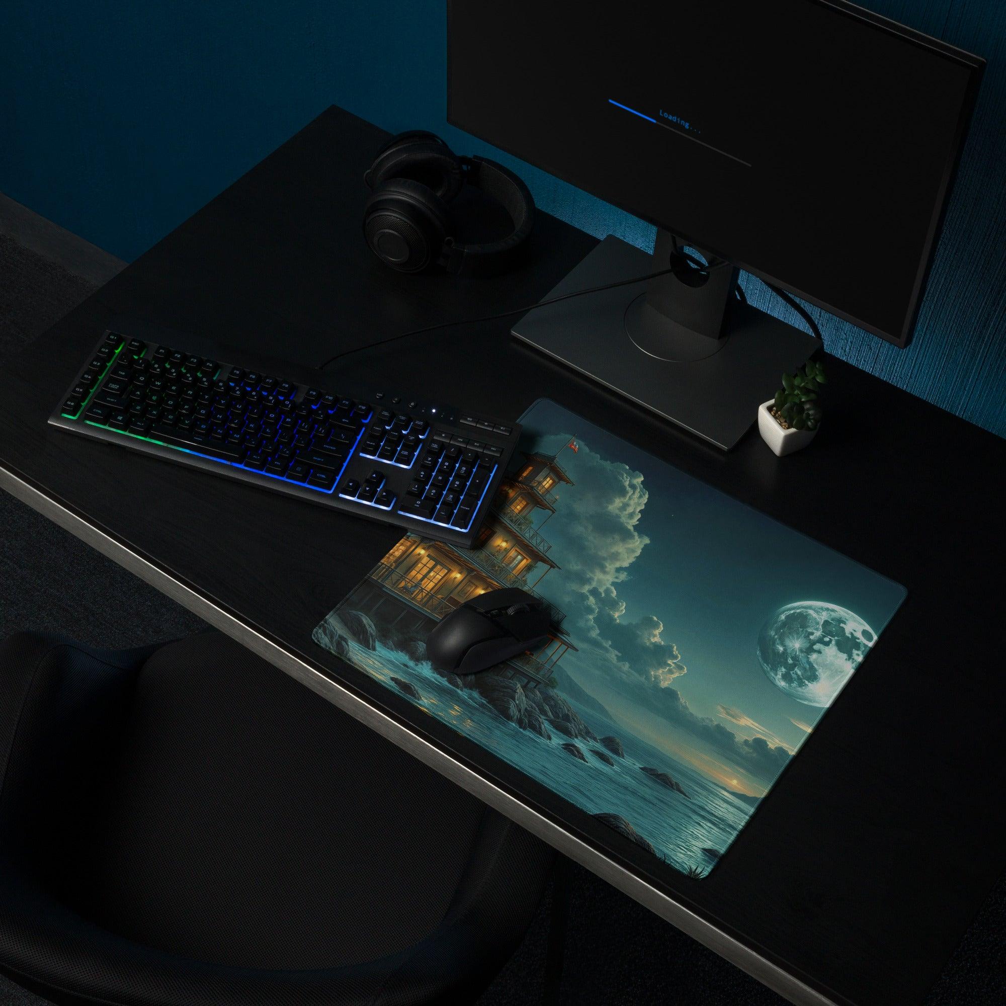 Dreamy moonlit seaside house gaming mouse pad in teal tones