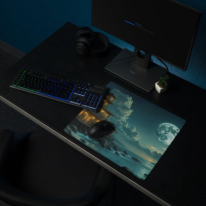 Dreamy moonlit seaside house gaming mouse pad in teal tones