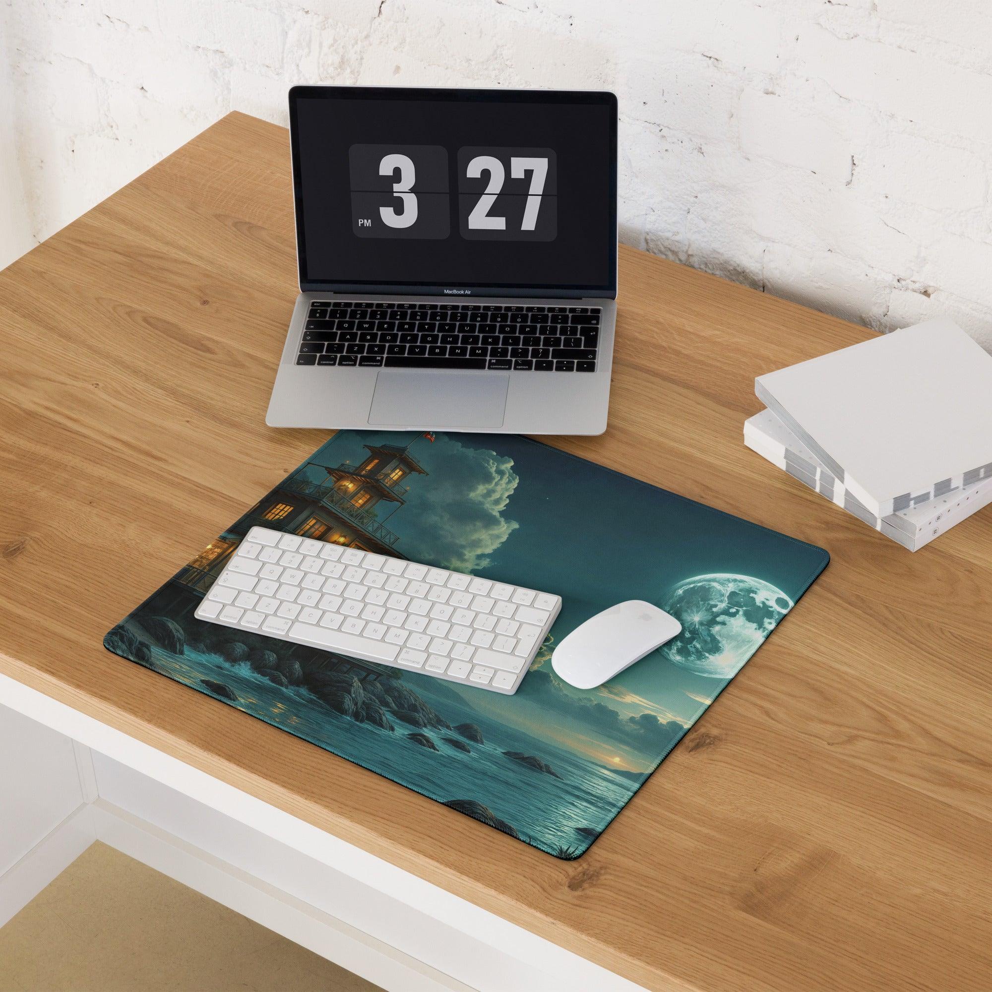 Dreamy moonlit seaside Japanese lantern gaming mouse pad, large non-slip
