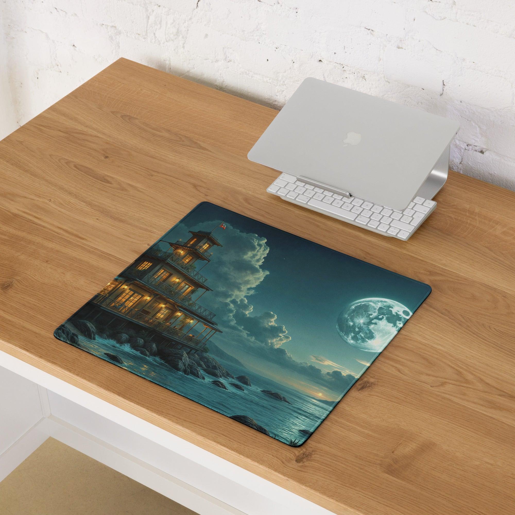 Dreamy moonlit seaside pagoda gaming mouse pad in teal and gold