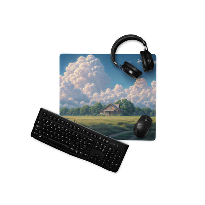 Serene countryside gaming mouse pad with large non-slip base and rustic landscape