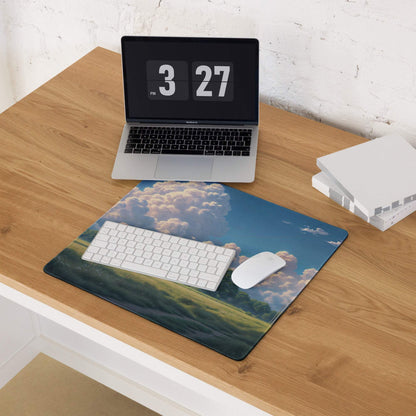 Serene countryside gaming mouse pad with green field landscape and non-slip base