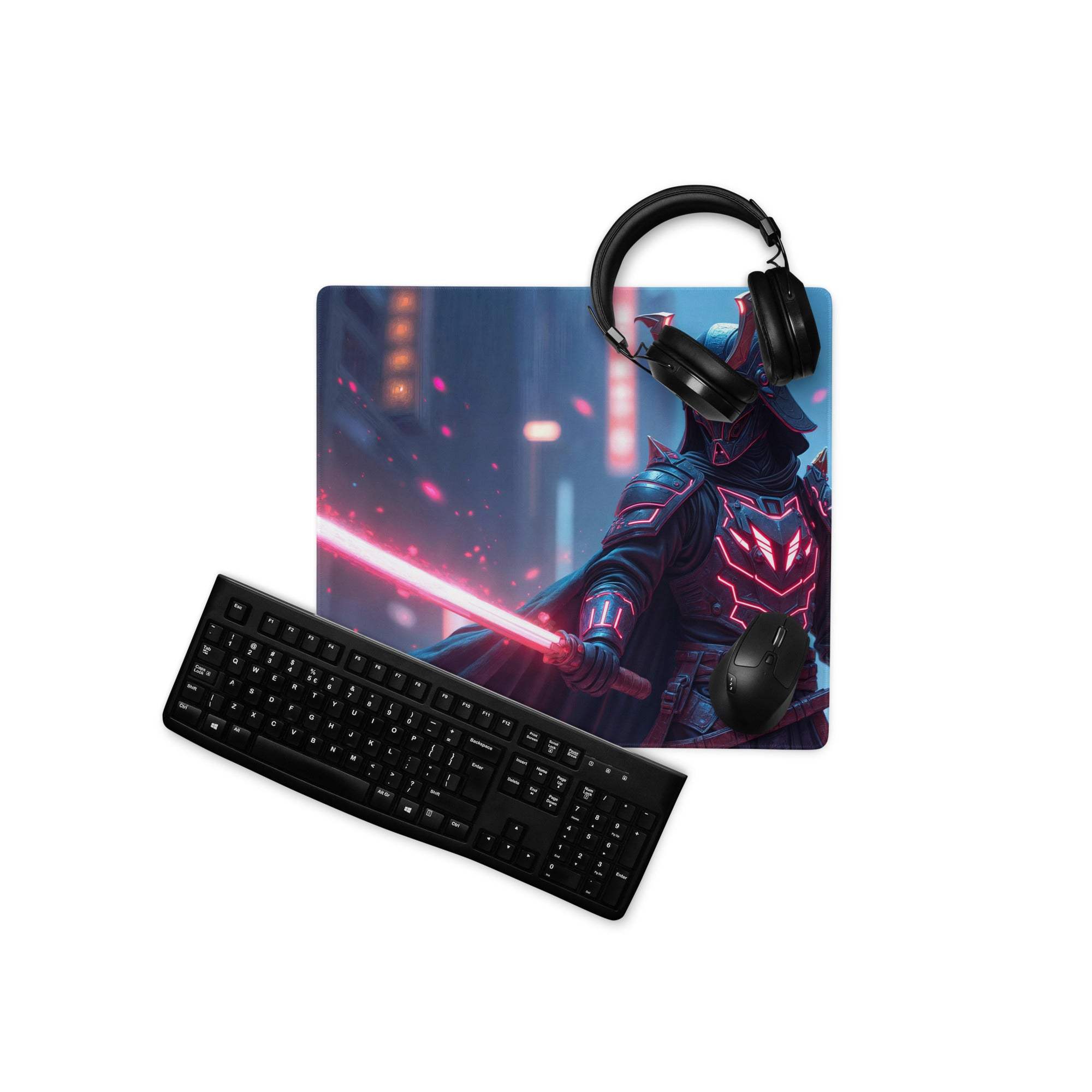 Epic Neon Knight cyberpunk gaming mouse pad with pink blue samurai and headphones