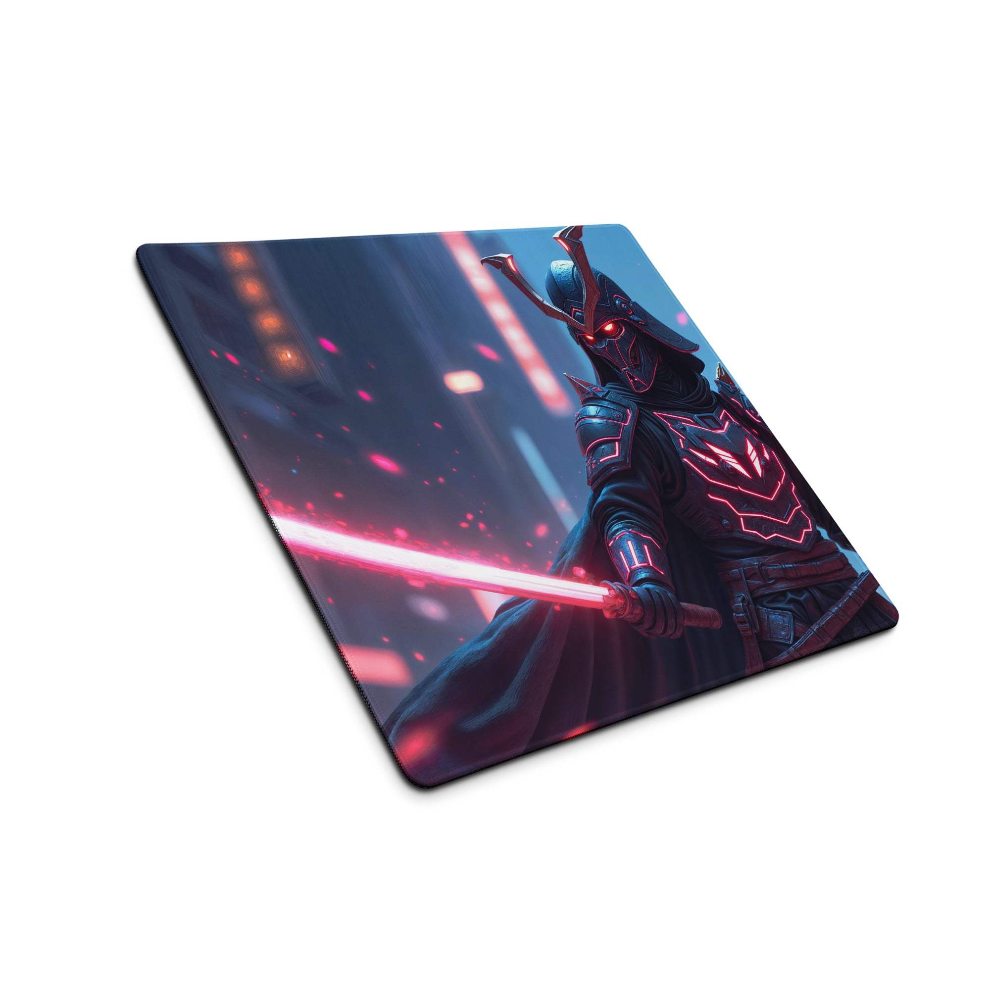 Epic Neon Knight cyberpunk gaming mouse pad with ninja warrior and red lightsaber