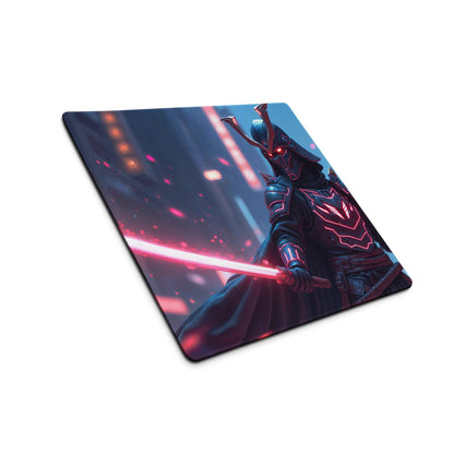 Epic Neon Knight cyberpunk gaming mouse pad with ninja warrior and red lightsaber