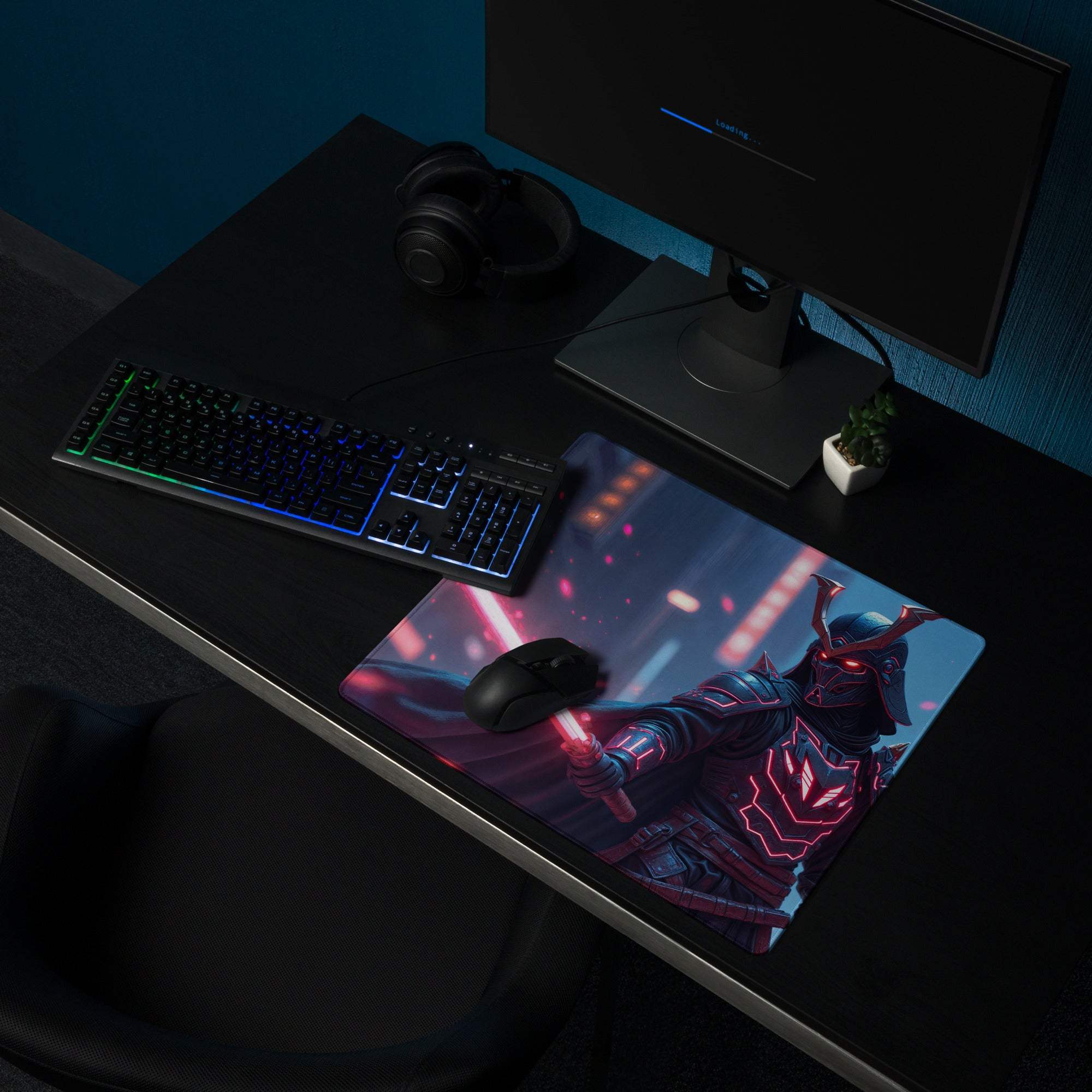 Epic Neon Knight navy blue cyberpunk gaming mouse pad with pink warrior design