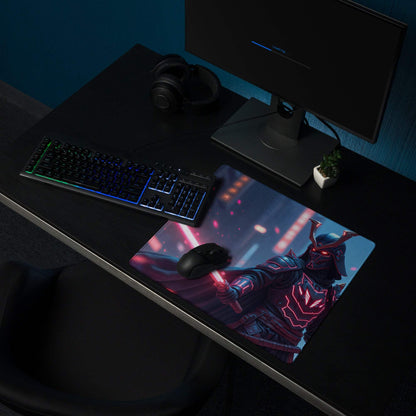 Epic Neon Knight navy blue cyberpunk gaming mouse pad with pink warrior design