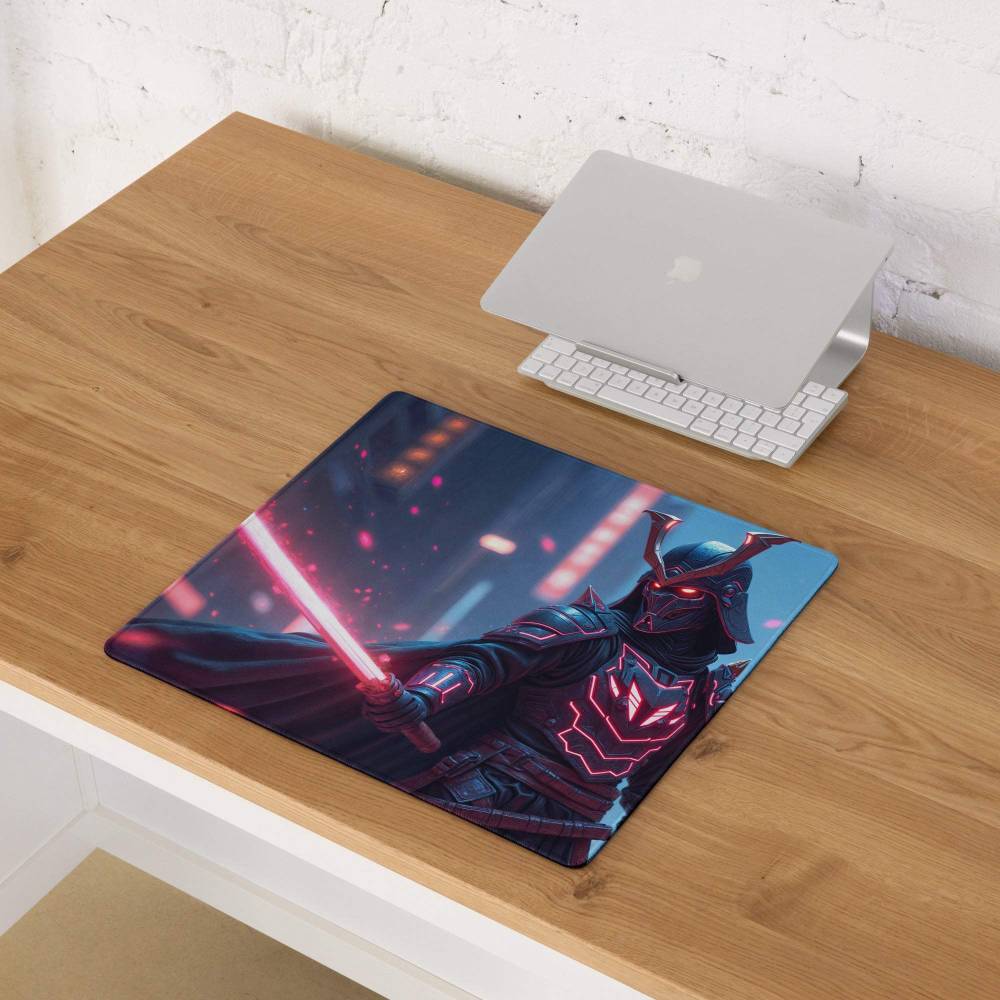 Navy blue pink neon samurai mousepad with red sword Epic Neon Knight design
