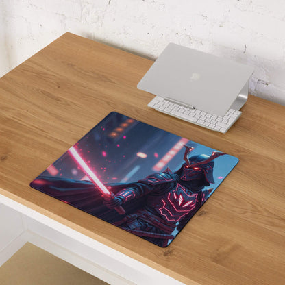 Navy blue pink neon samurai mousepad with red sword Epic Neon Knight design