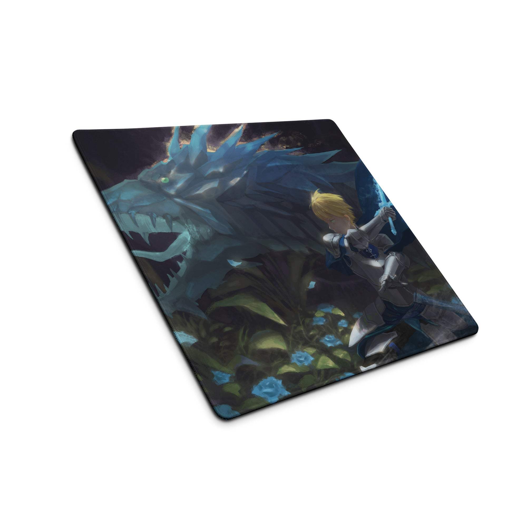 Epic dark fantasy knight vs blue dragon battle on large non-slip gaming mouse pad
