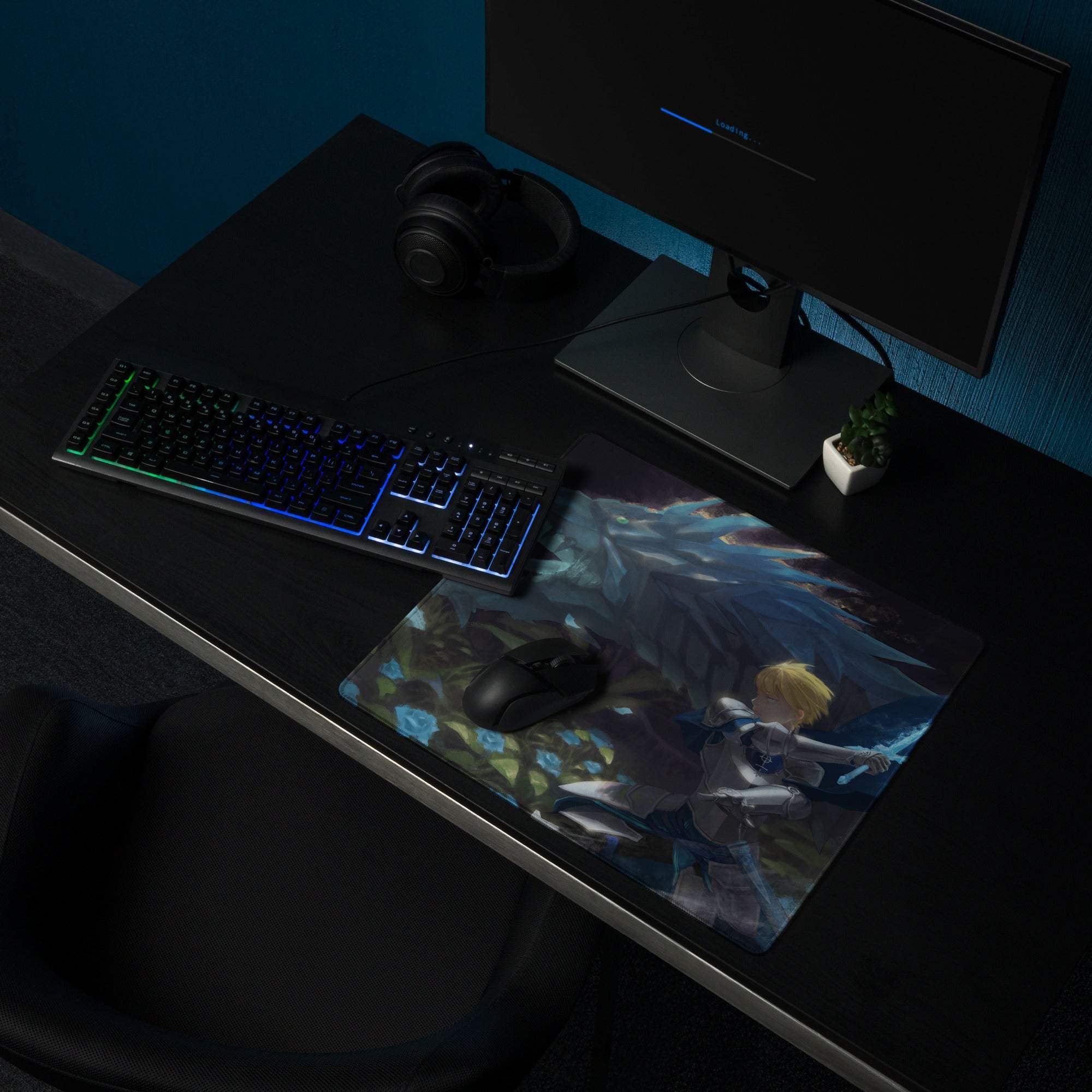 Anime blonde with icy wings on epic dark fantasy knight dragon battle mouse pad