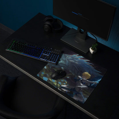 Anime blonde with icy wings on epic dark fantasy knight dragon battle mouse pad