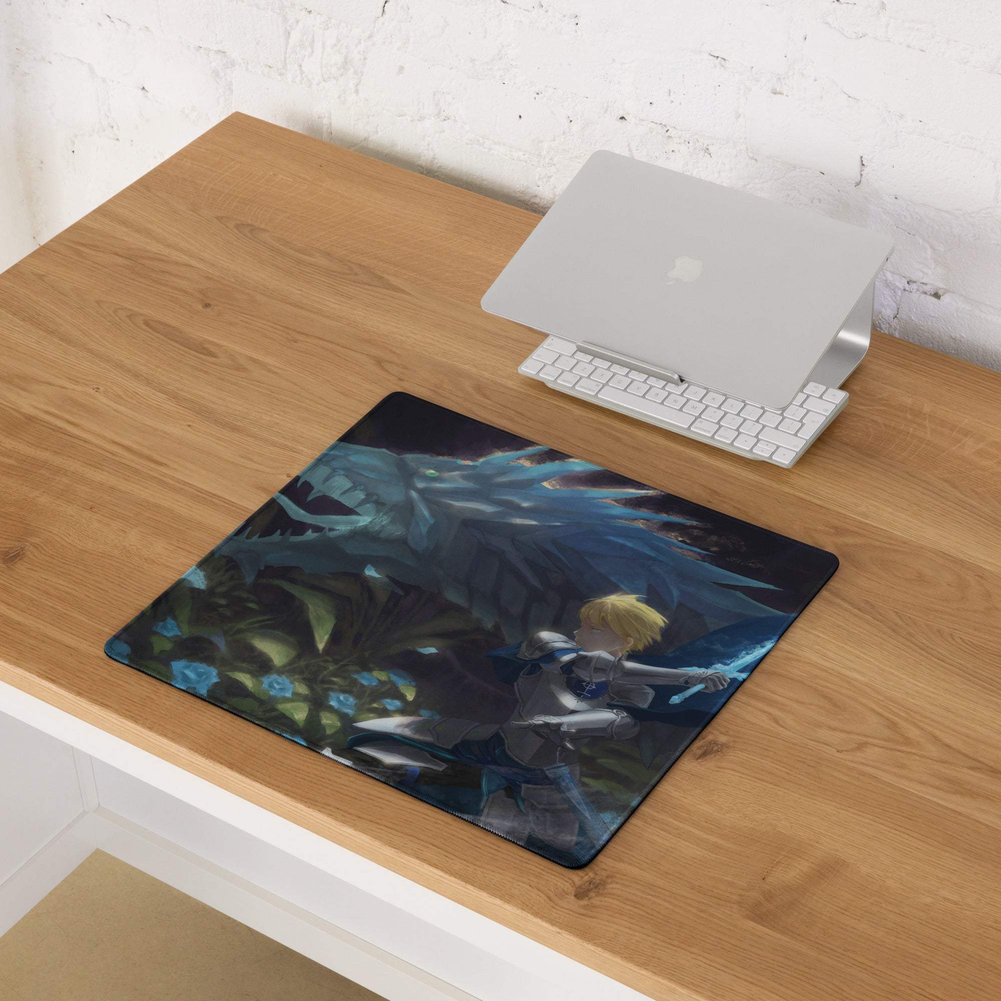 Blue black anime knight vs dragon battle gaming mousepad
