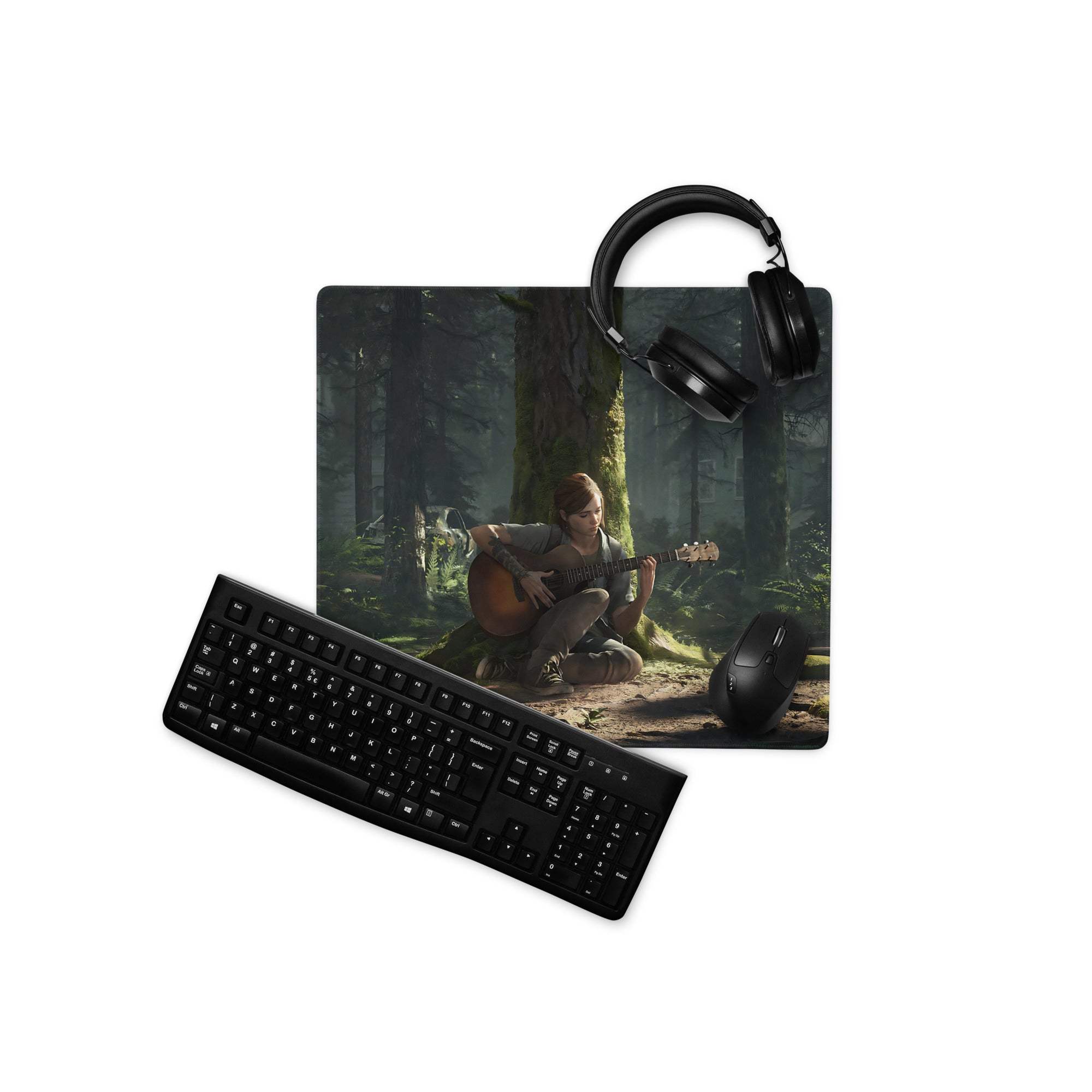 Black gaming mousepad with cinematic forest guitarist in moody green tones
