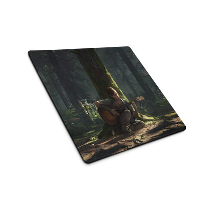 Cinematic forest guitarist mouse pad with moody green tones, non-slip surface
