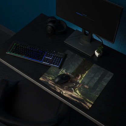 Black gaming mousepad with cinematic forest guitarist in moody green tones