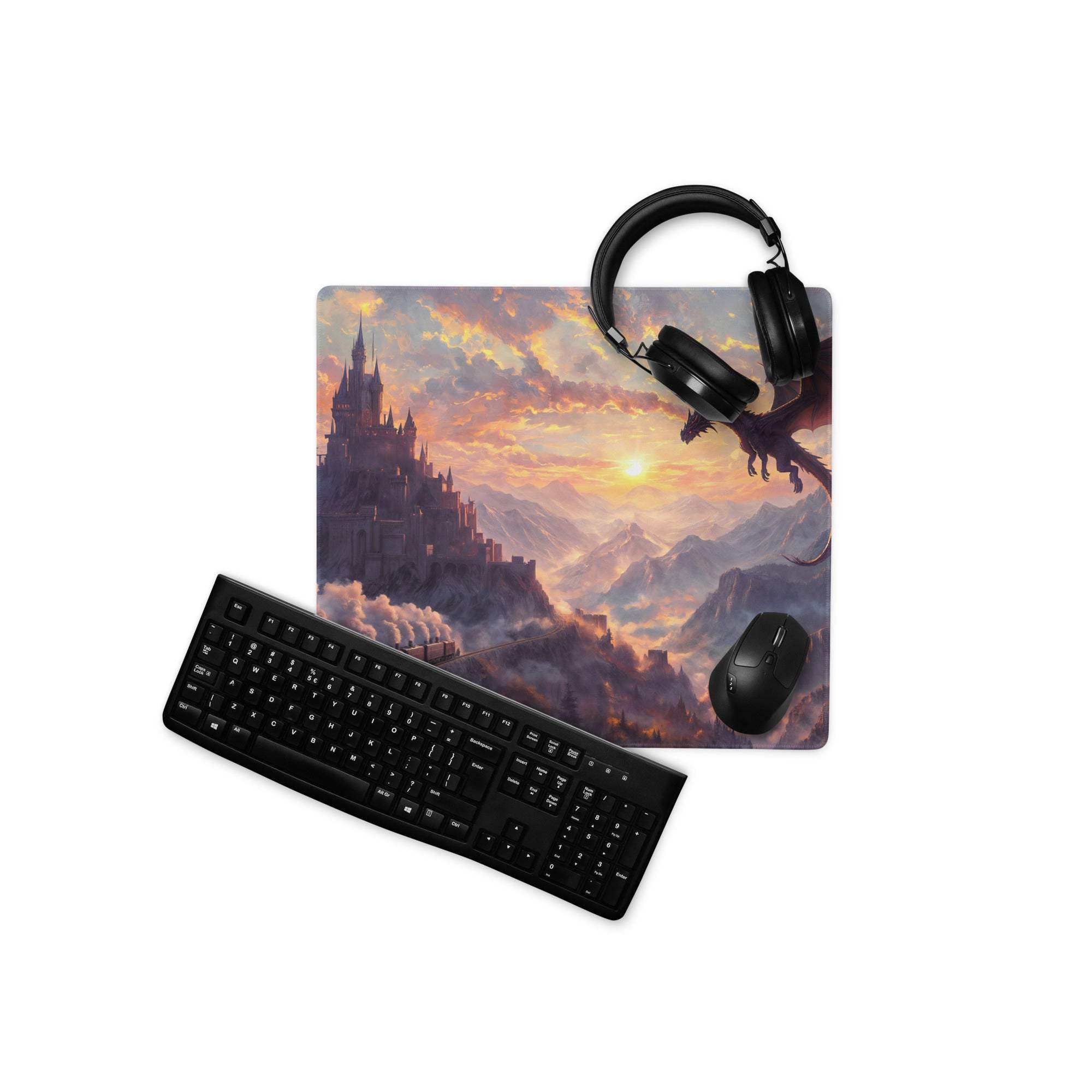 Epic fantasy dragon over castle at sunset large gaming mouse pad with setup