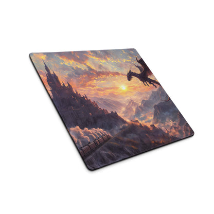 Epic fantasy dragon over castle at sunset large gaming mouse pad