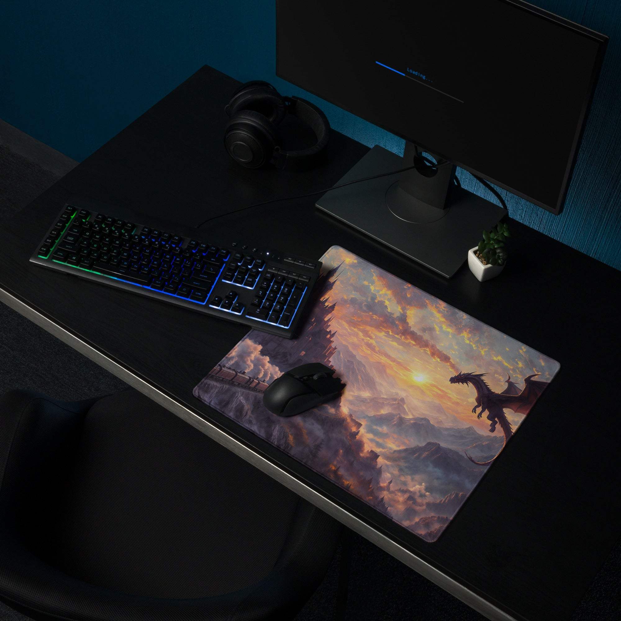 Epic fantasy dragon over castle at sunset large gaming mouse pad