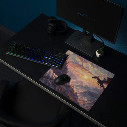 Epic fantasy dragon over castle at sunset large gaming mouse pad