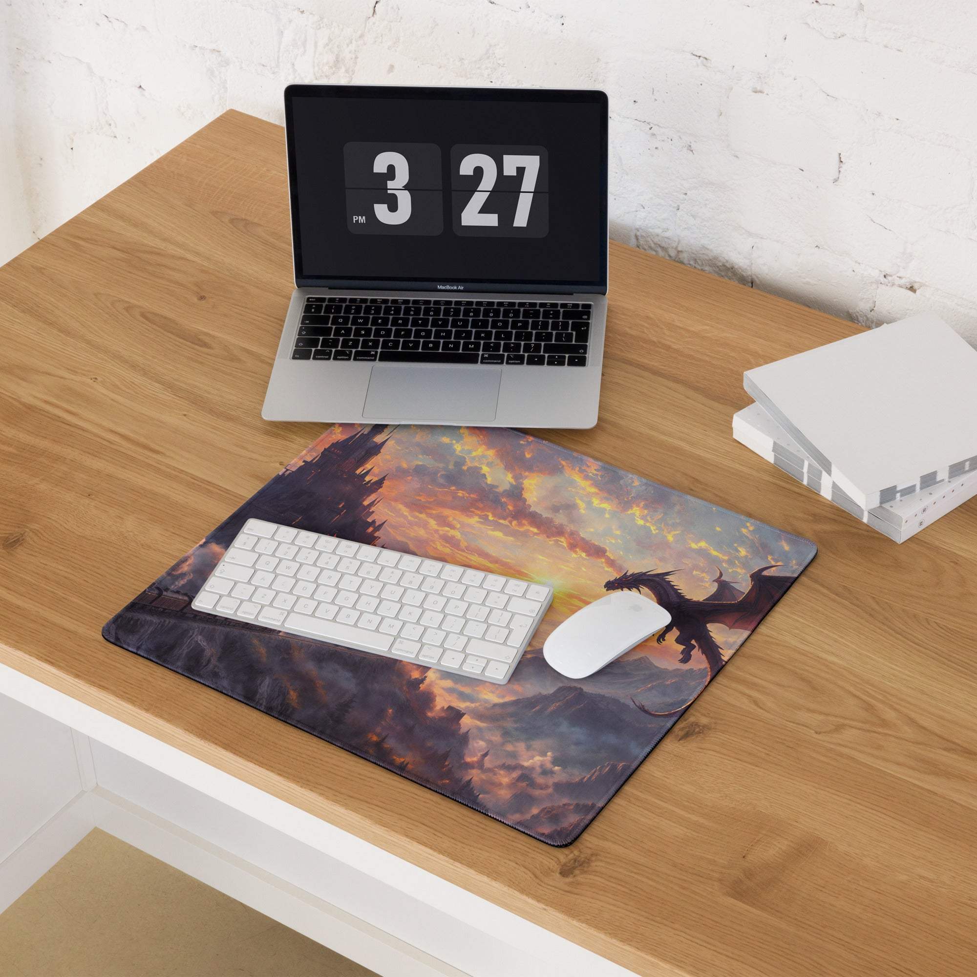 Epic fantasy dragon over castle at sunset large gaming mouse pad