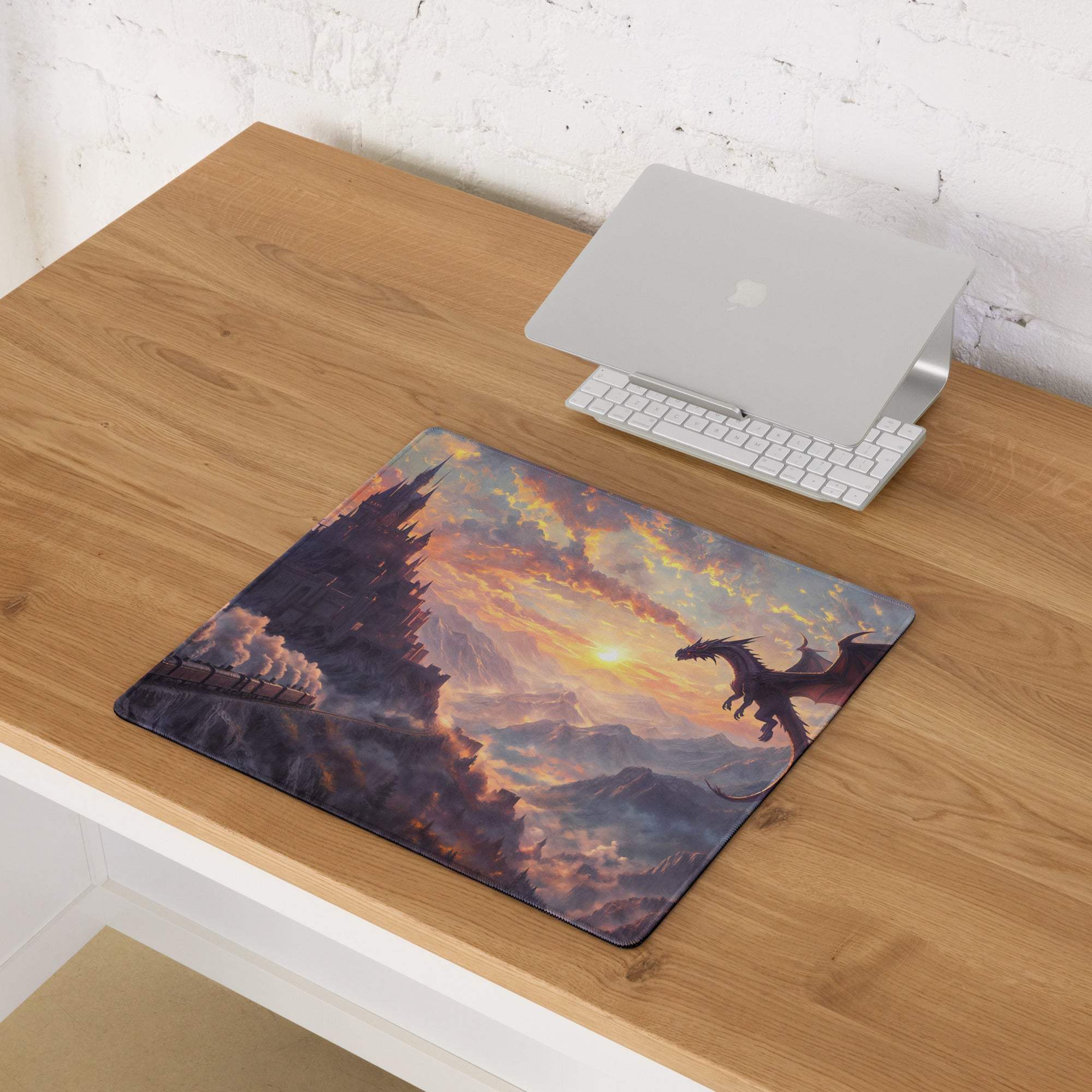 Epic fantasy dragon over castle at sunset large gaming mouse pad