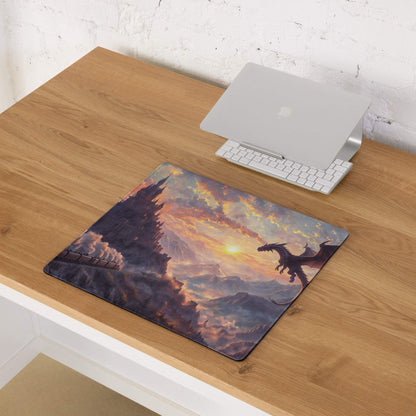 Epic fantasy dragon over castle at sunset large gaming mouse pad