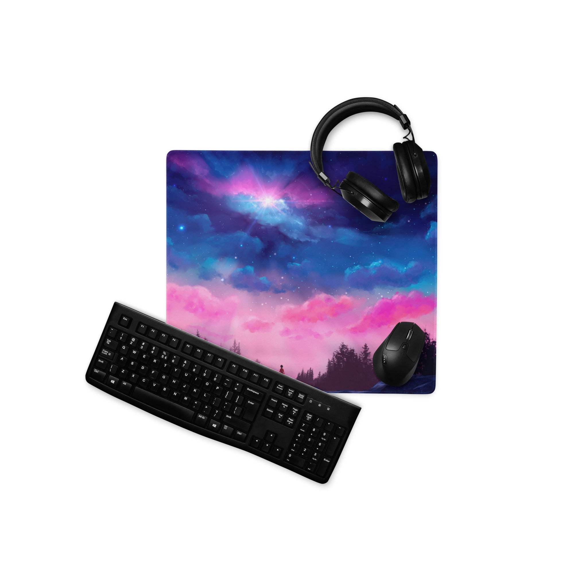 Vibrant pink purple nebula night sky gaming mouse pad with silhouetted trees