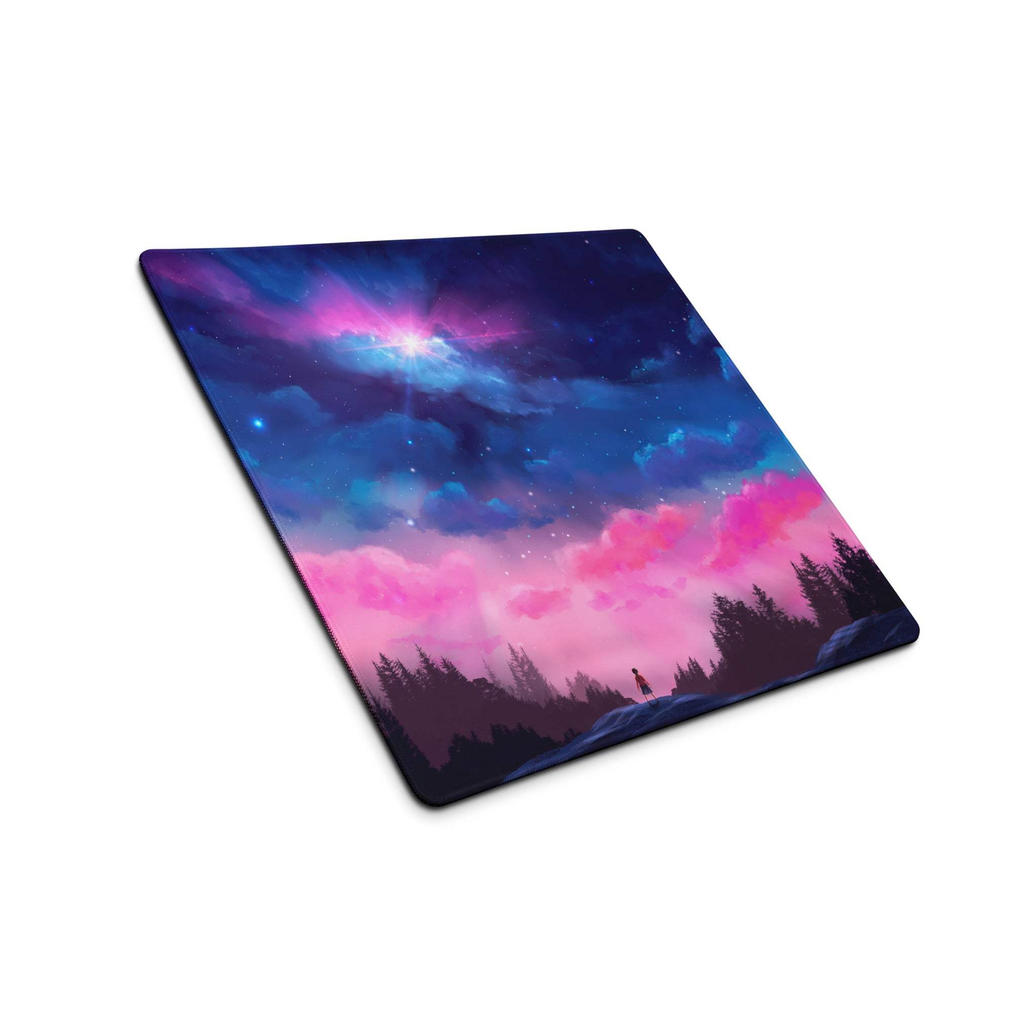 Dreamy pink purple night sky gaming mouse pad with nebulae and trees