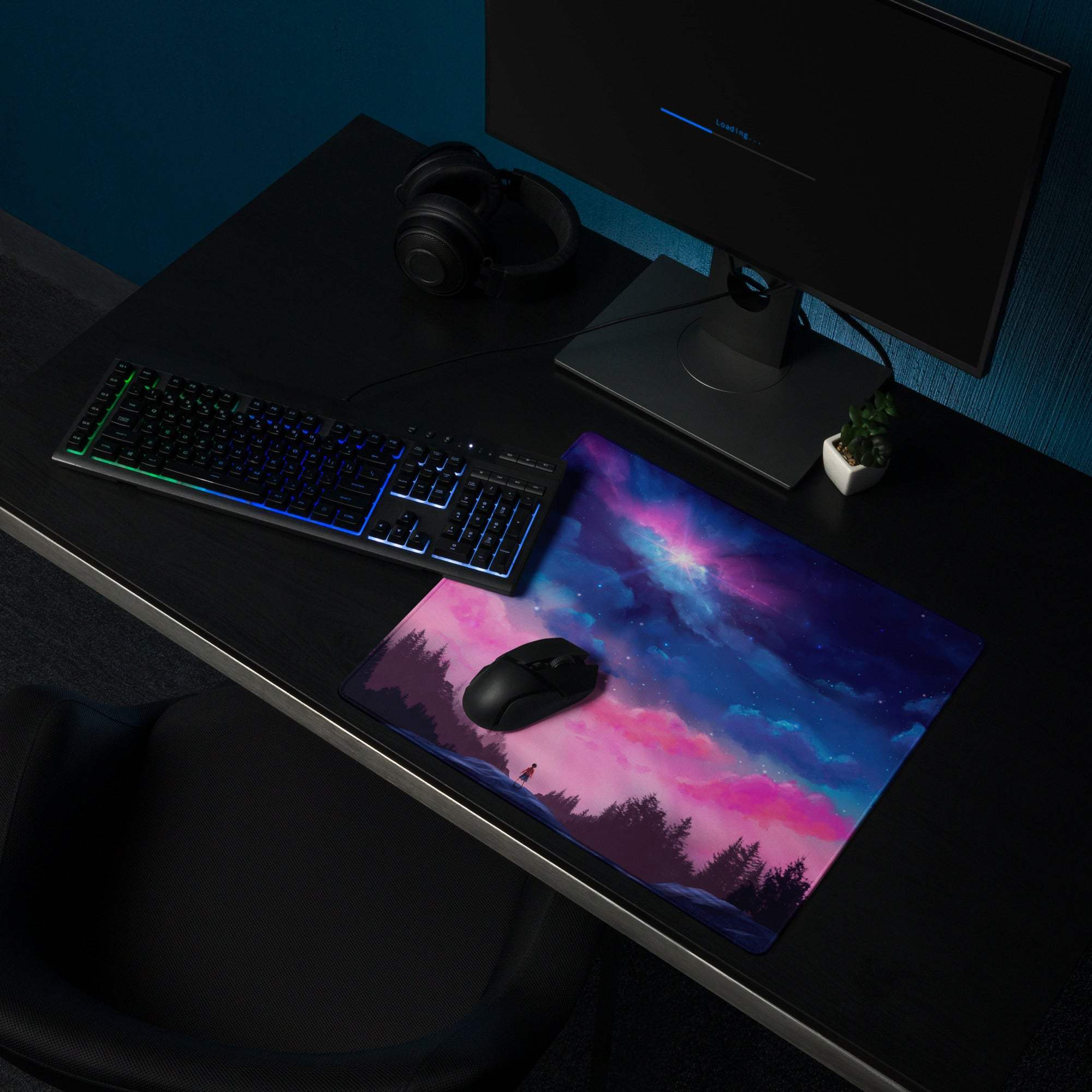Dreamy pink purple night sky gaming mouse pad with nebulae and trees