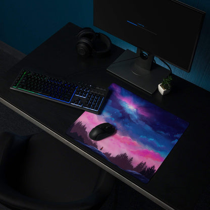 Dreamy pink purple night sky gaming mouse pad with nebulae and trees