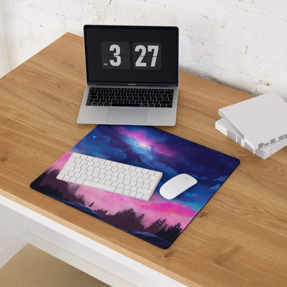 Dreamy pink purple night sky gaming mouse pad with stars nebulae trees