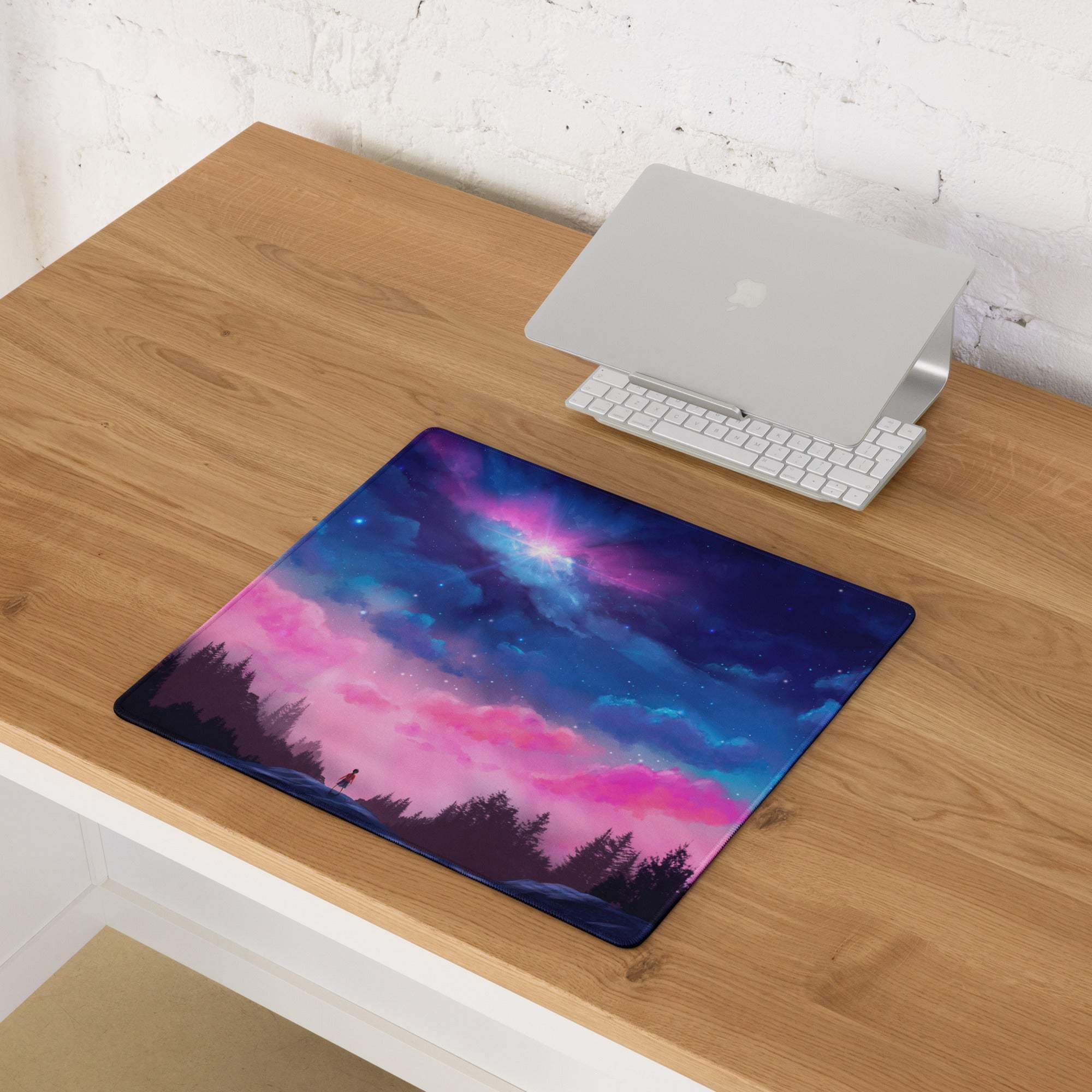Dreamy pink purple night sky gaming mouse pad with nebulae and trees