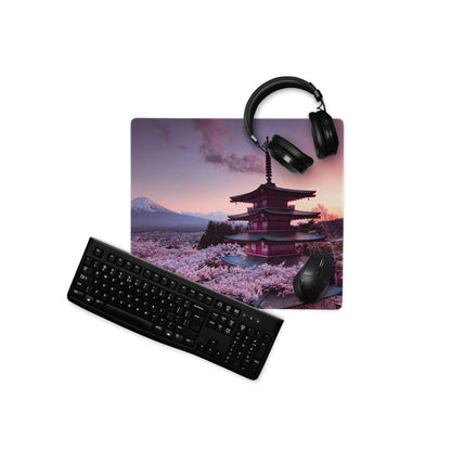 Scenic Sakura pagoda and Mt Fuji mouse pad with pink sunset sky
