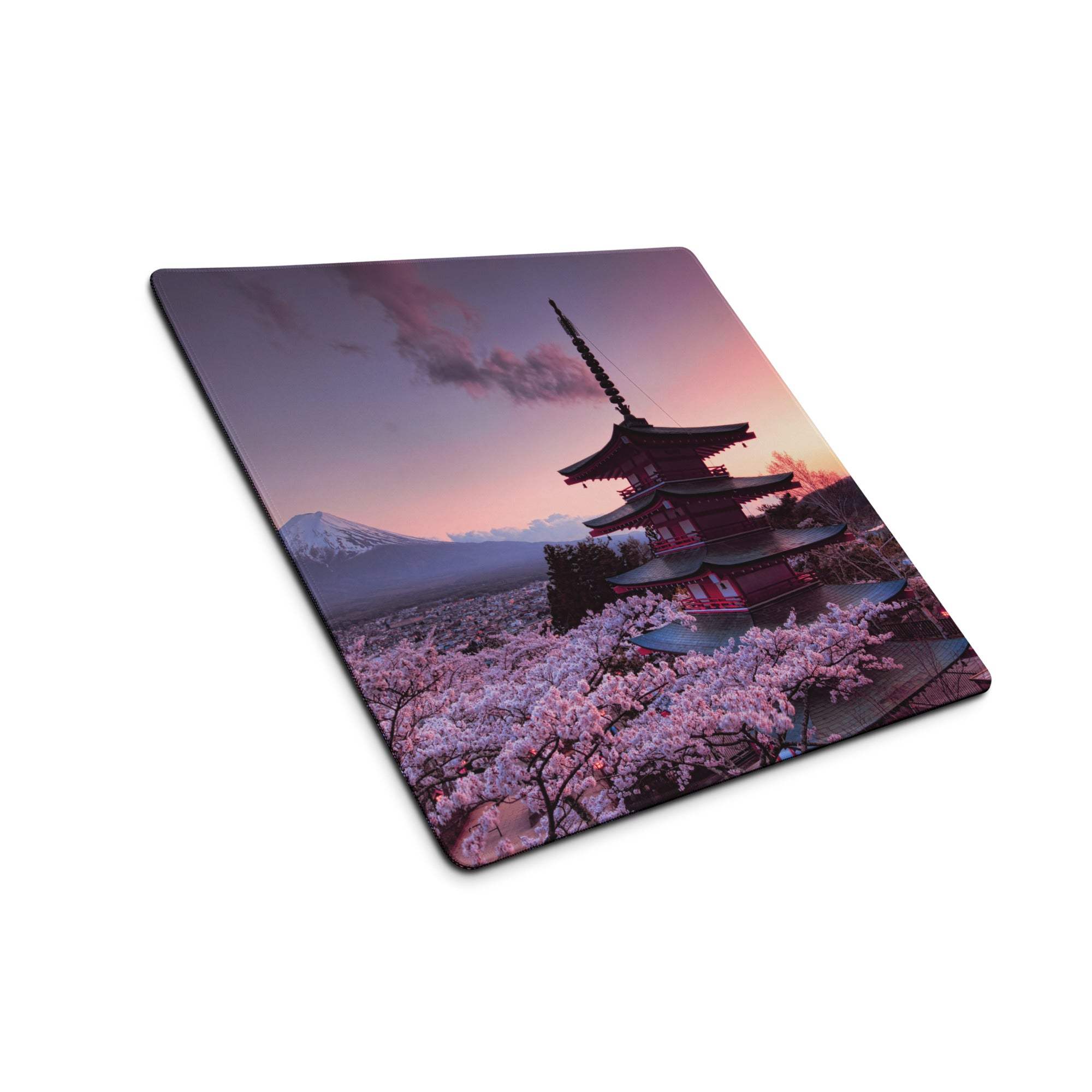 Scenic Sakura pagoda mouse pad with Fuji, cherry blossoms, pink sunset