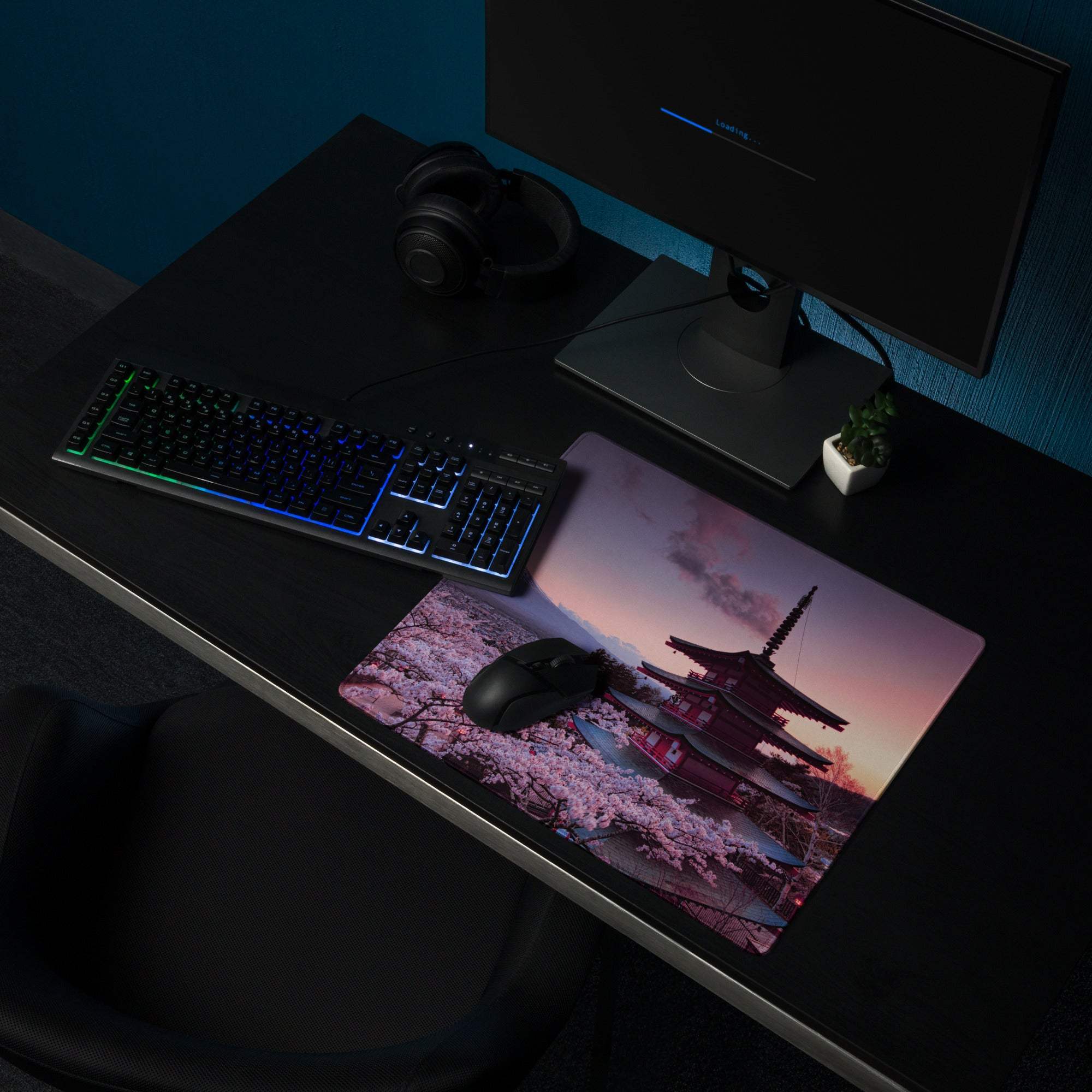 Scenic Sakura pagoda mouse pad with pink sunset cherry blossoms