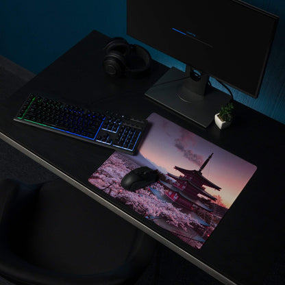 Scenic Sakura pagoda mouse pad with pink sunset cherry blossoms